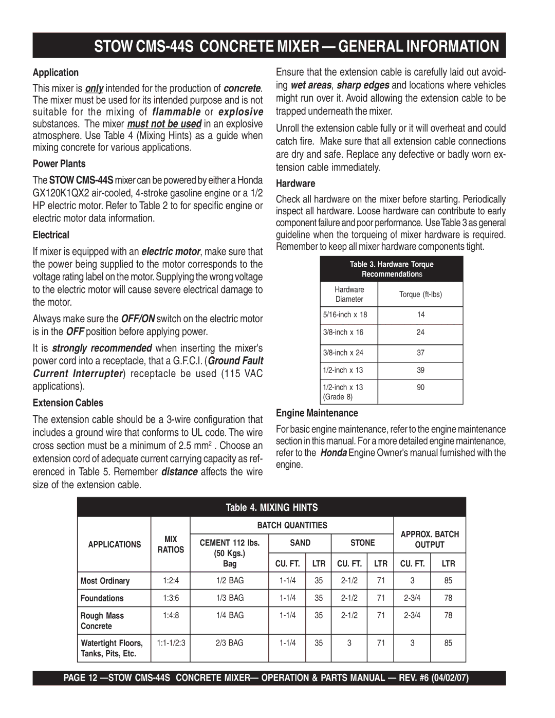 Stow manual Stow CMS-44S Concrete Mixer General Information 