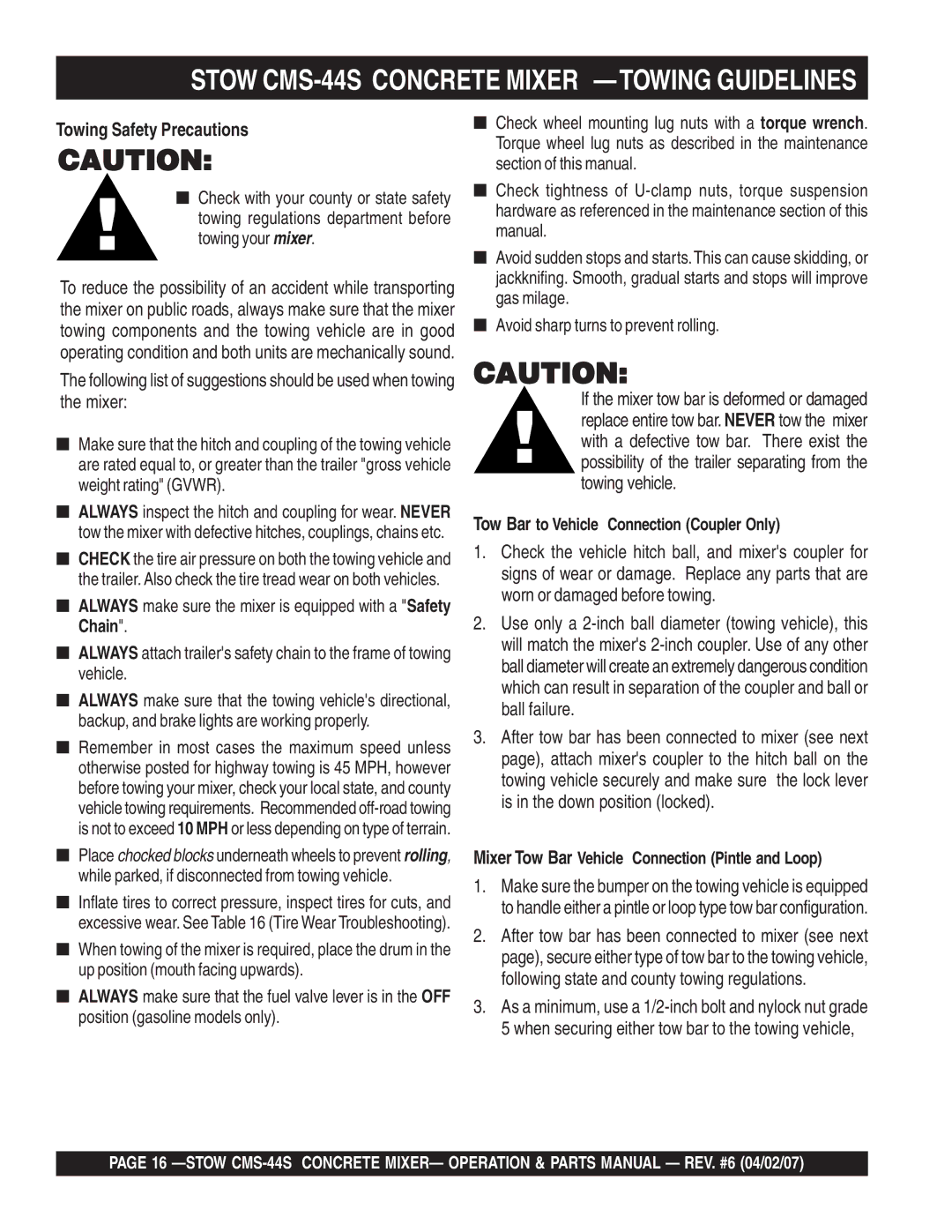 Stow manual Stow CMS-44S Concrete Mixer -TOWING Guidelines, Tow Bar to Vehicle Connection Coupler Only 