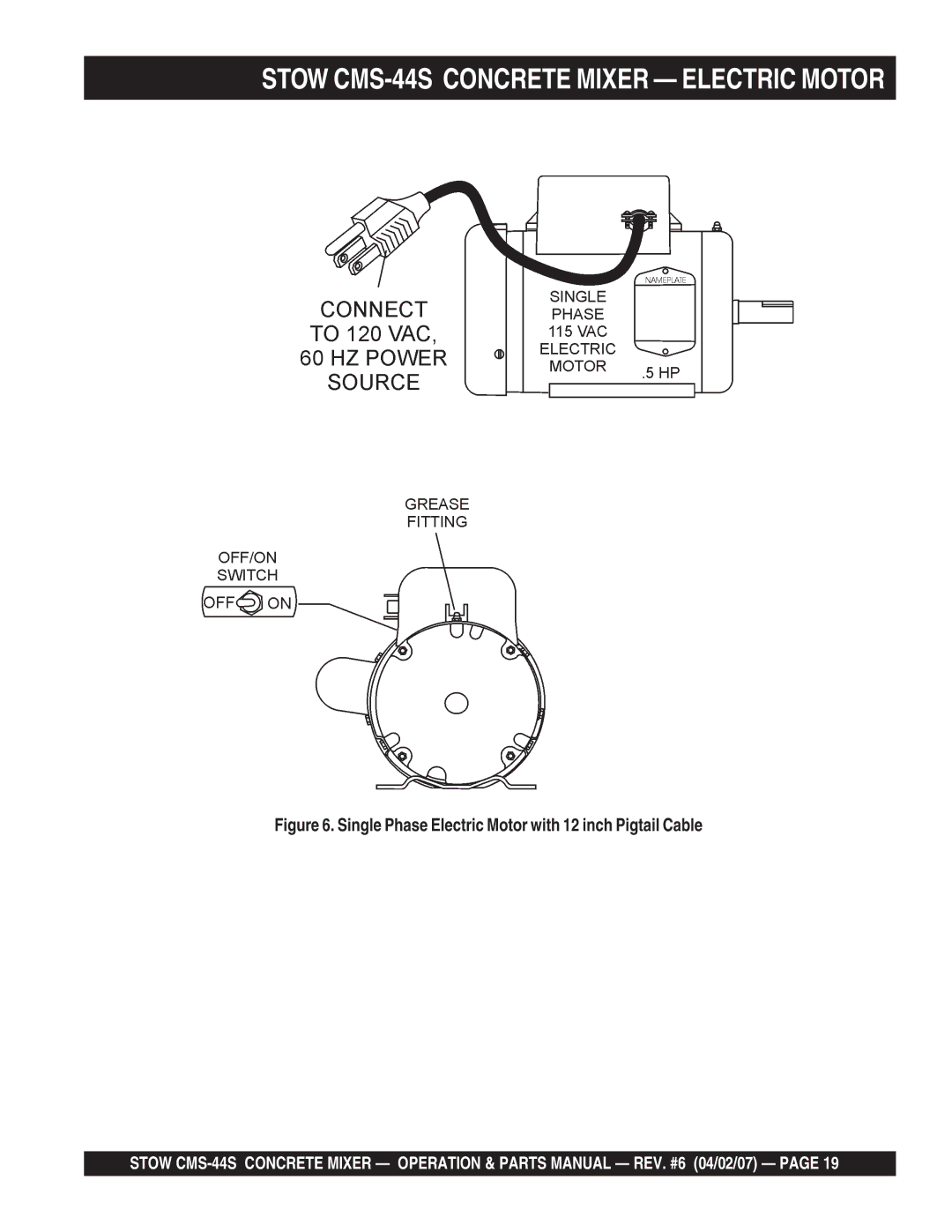 Stow manual Stow CMS-44S Concrete Mixer Electric Motor, Single Phase Electric Motor with 12 inch Pigtail Cable 