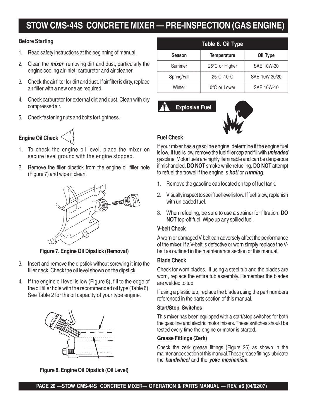 Stow manual Stow CMS-44S Concrete Mixer PRE-INSPECTION GAS Engine 