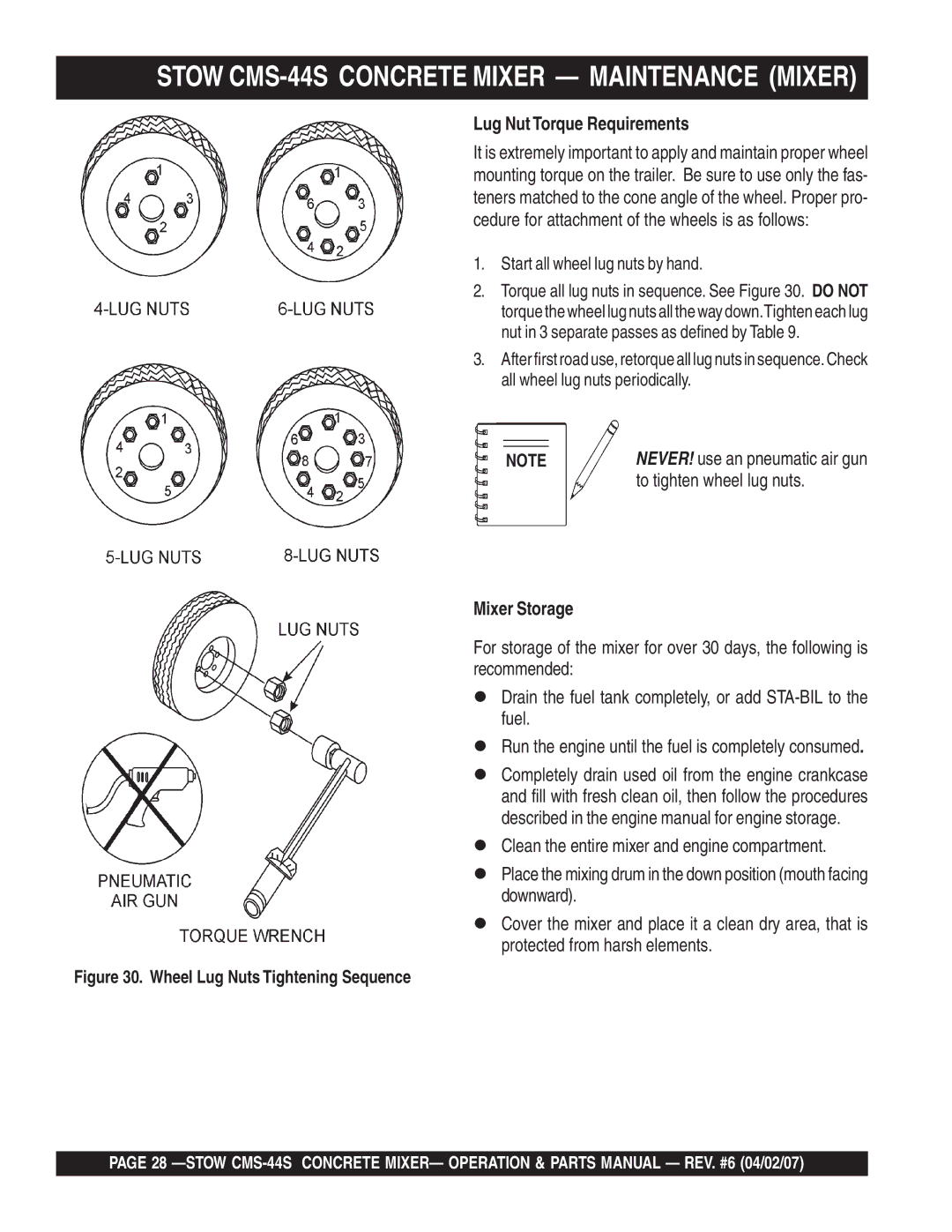 Stow CMS-44S manual To tighten wheel lug nuts 