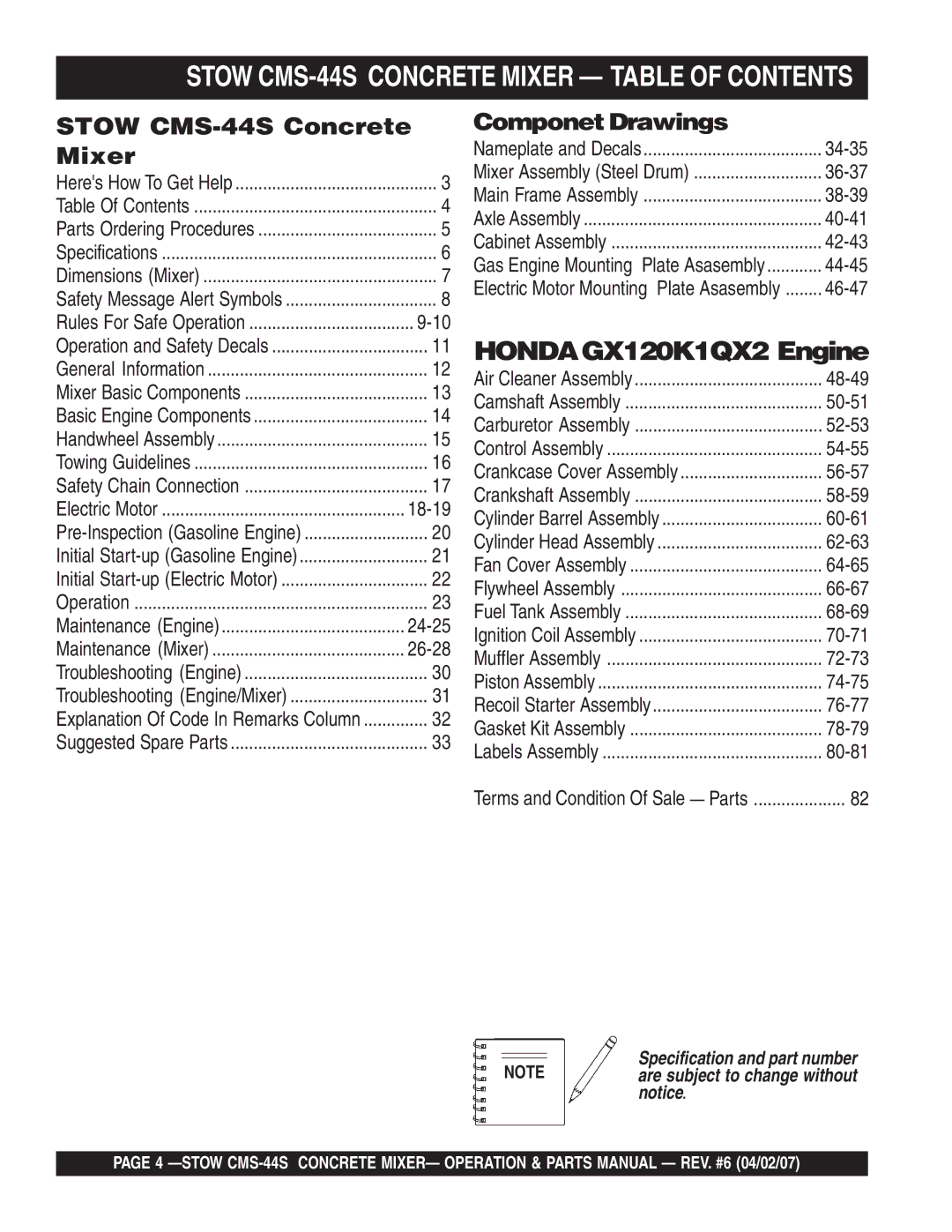 Stow manual Stow CMS-44S Concrete Mixer Table of Contents 