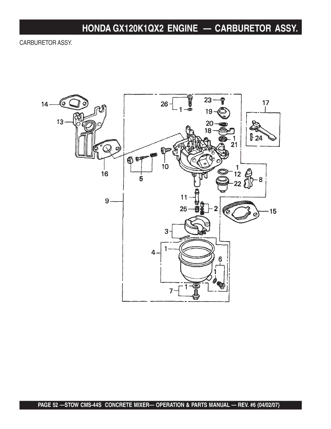 Stow CMS-44S manual Honda GX120K1QX2 Engine Carburetor Assy 