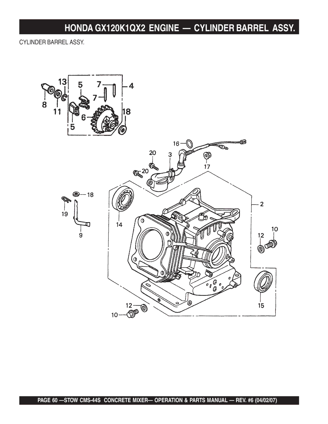 Stow CMS-44S manual Honda GX120K1QX2 Engine Cylinder Barrel Assy 