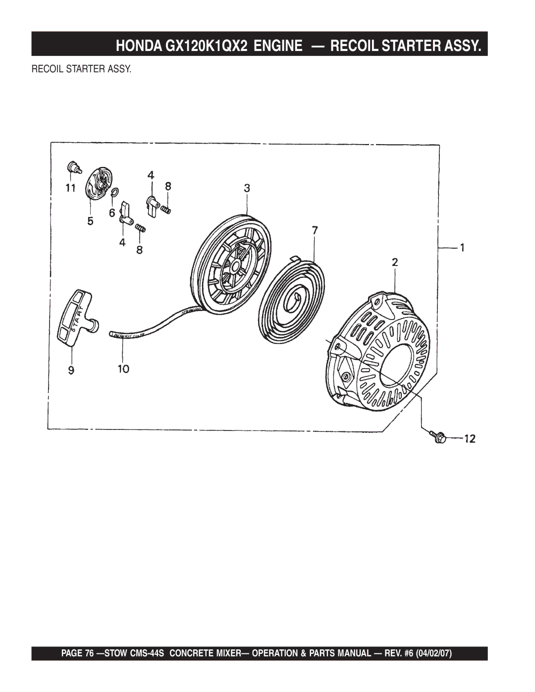 Stow CMS-44S manual Honda GX120K1QX2 Engine Recoil Starter Assy 