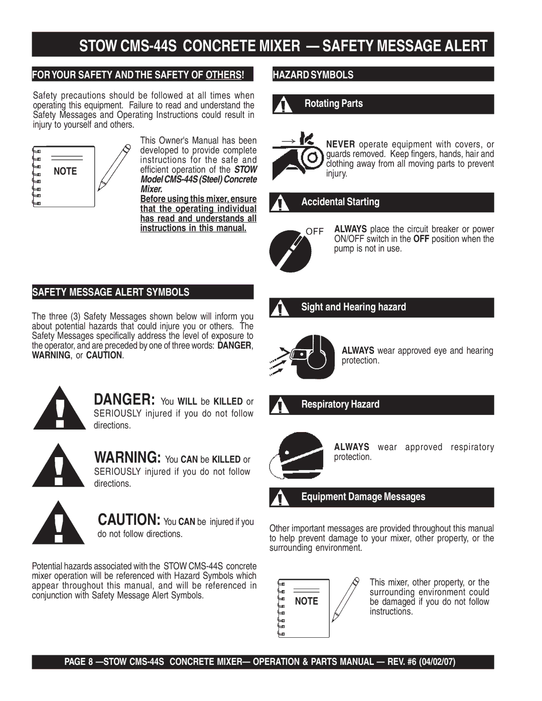 Stow manual Stow CMS-44S Concrete Mixer Safety Message Alert, Foryour Safety and the Safety of Others 