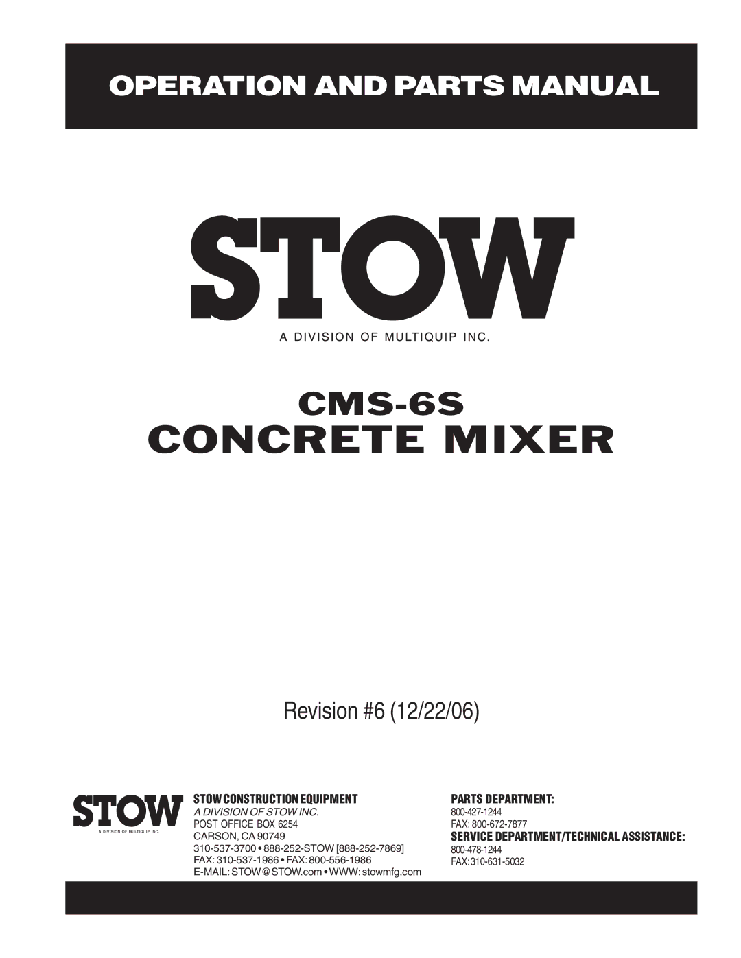 Stow CMS-6S manual Concrete Mixer 