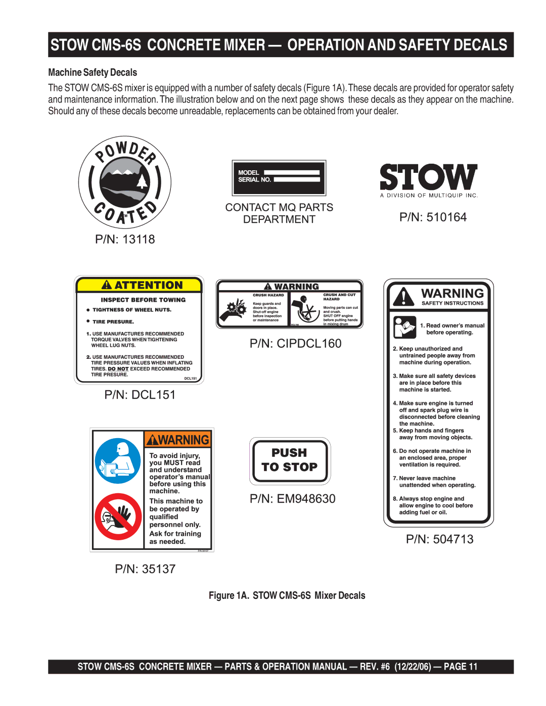 Stow manual Stow CMS-6S Concrete Mixer Operation and Safety Decals, Machine Safety Decals 