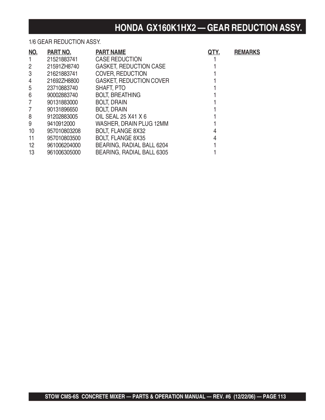 Stow CMS-6S Case Reduction, GASKET, Reduction Case, COVER, Reduction, GASKET, Reduction Cover, Shaft, Pto, BOLT, Breathing 