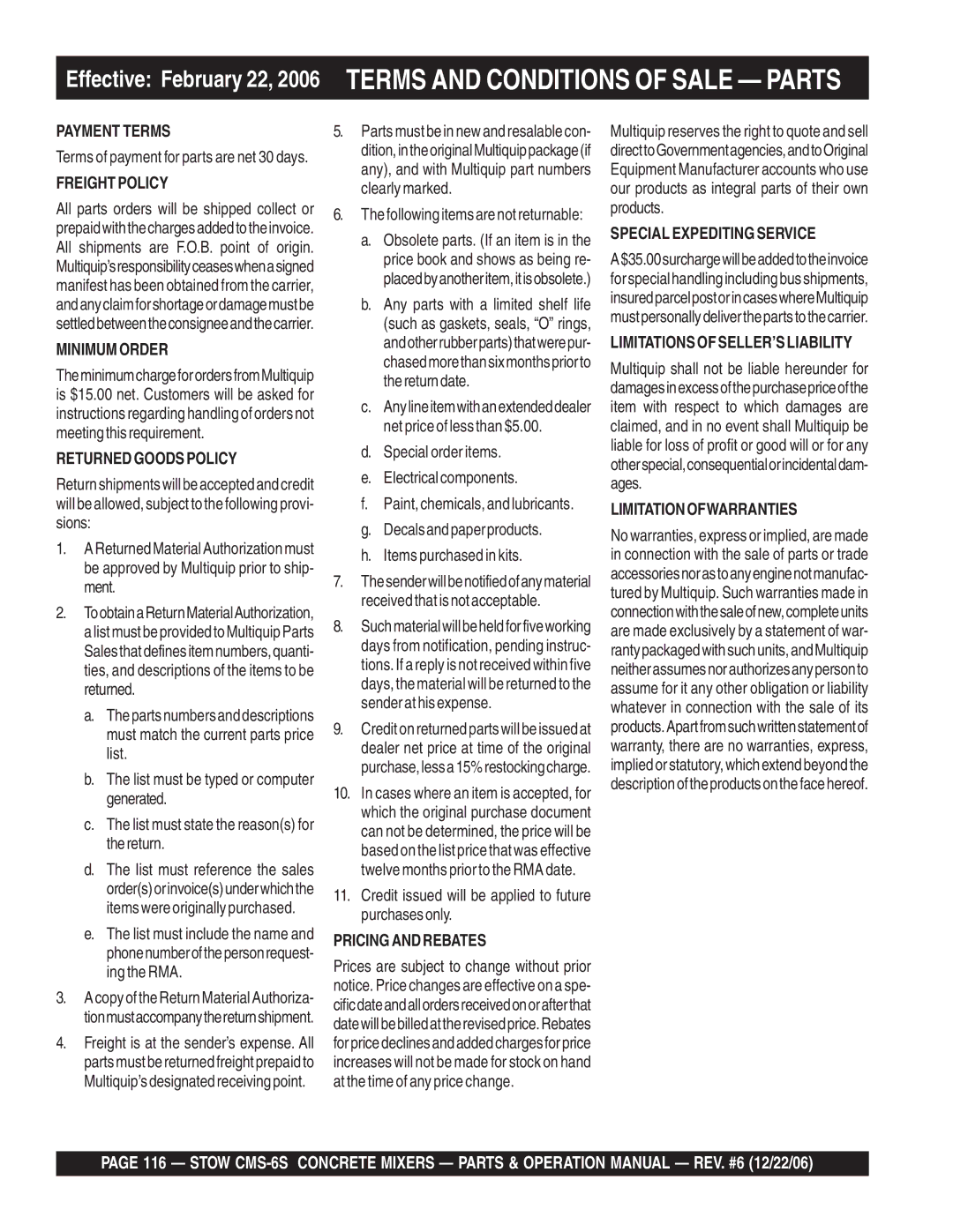 Stow CMS-6S manual Payment Terms 