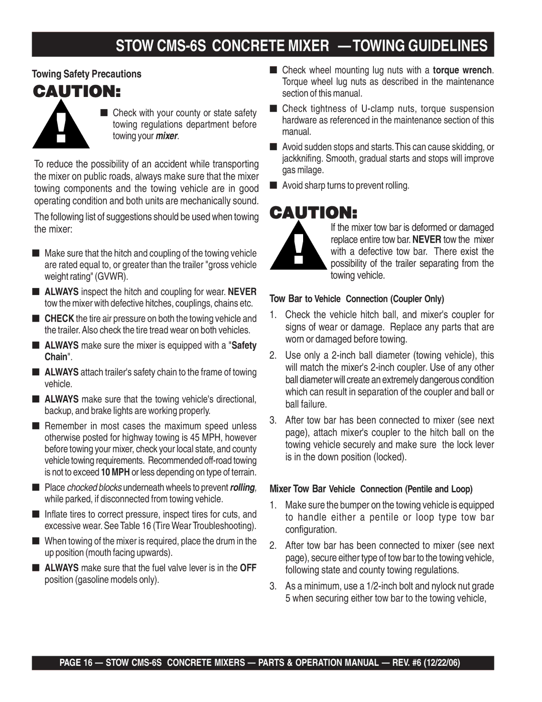 Stow manual Stow CMS-6S Concrete Mixer -TOWING Guidelines, Tow Bar to Vehicle Connection Coupler Only 