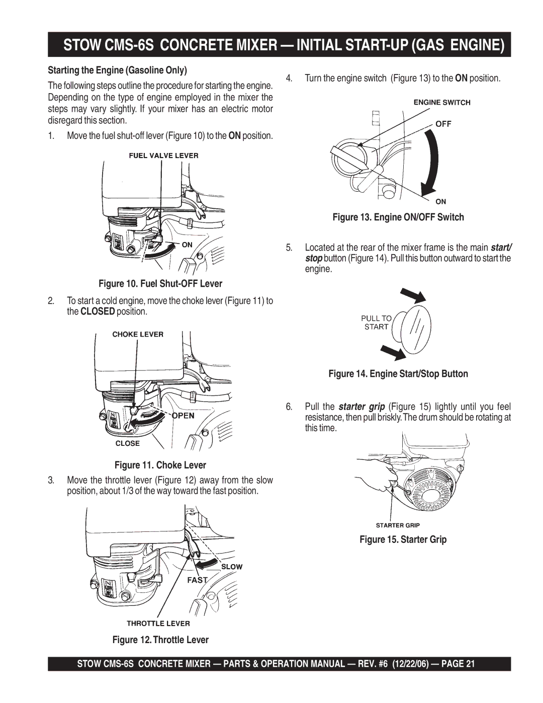 Stow manual Stow CMS-6S Concrete Mixer Initial START-UP GAS Engine, Starting the Engine Gasoline Only 