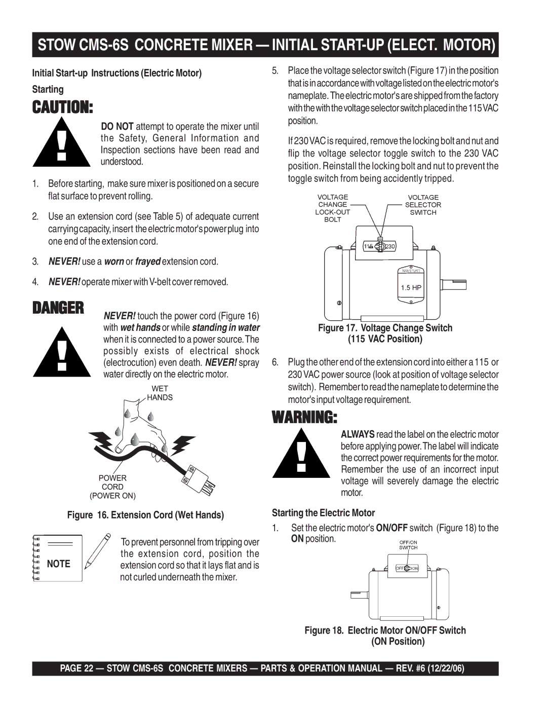 Stow Stow CMS-6S Concrete Mixer Initial START-UP ELECT. Motor, Initial Start-up Instructions Electric Motor Starting 