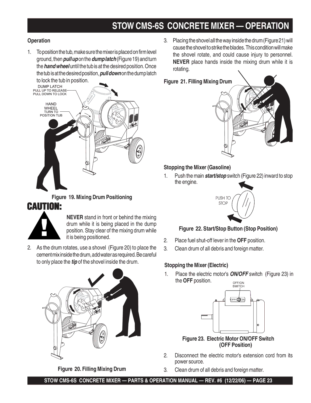 Stow manual Stow CMS-6S Concrete Mixer Operation, Stopping the Mixer Electric 