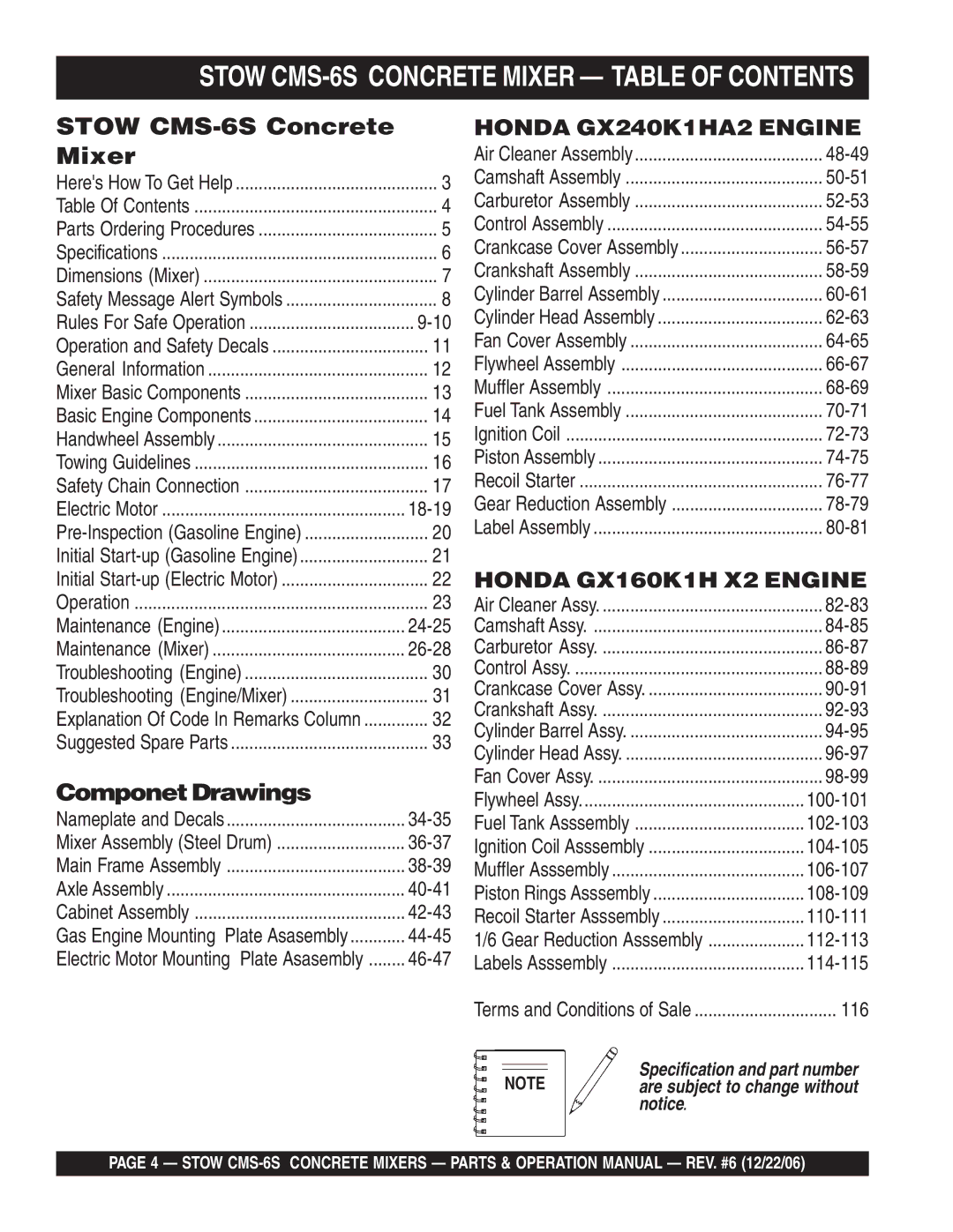 Stow manual Stow CMS-6S Concrete Mixer Table of Contents 