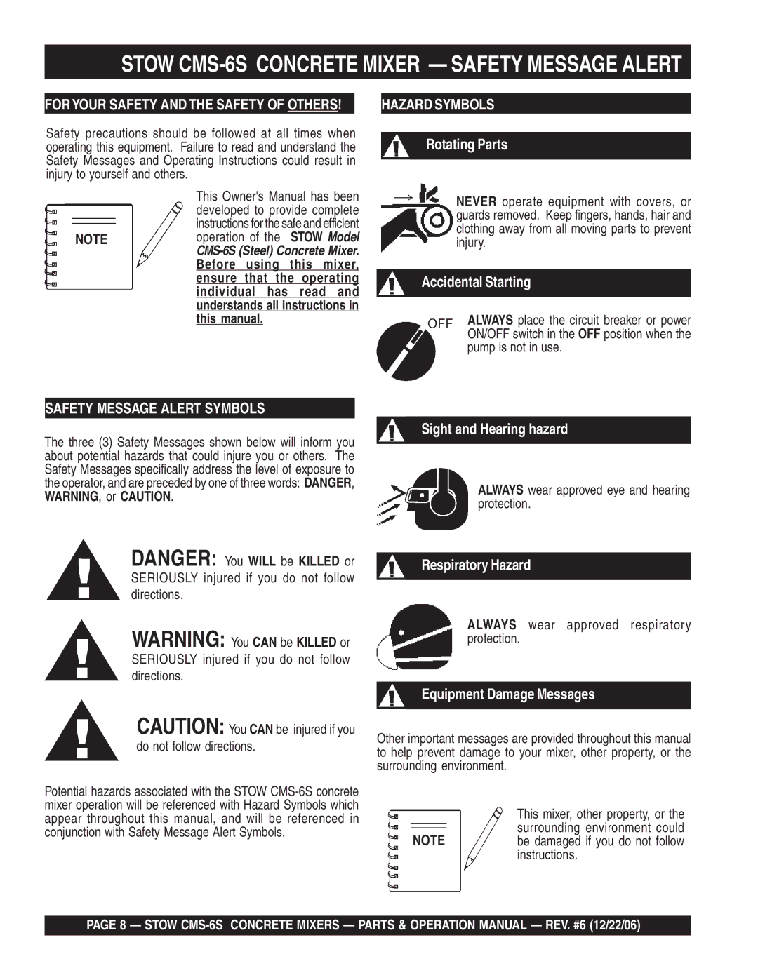 Stow manual Stow CMS-6S Concrete Mixer Safety Message Alert, Foryour Safety and the Safety of Others 