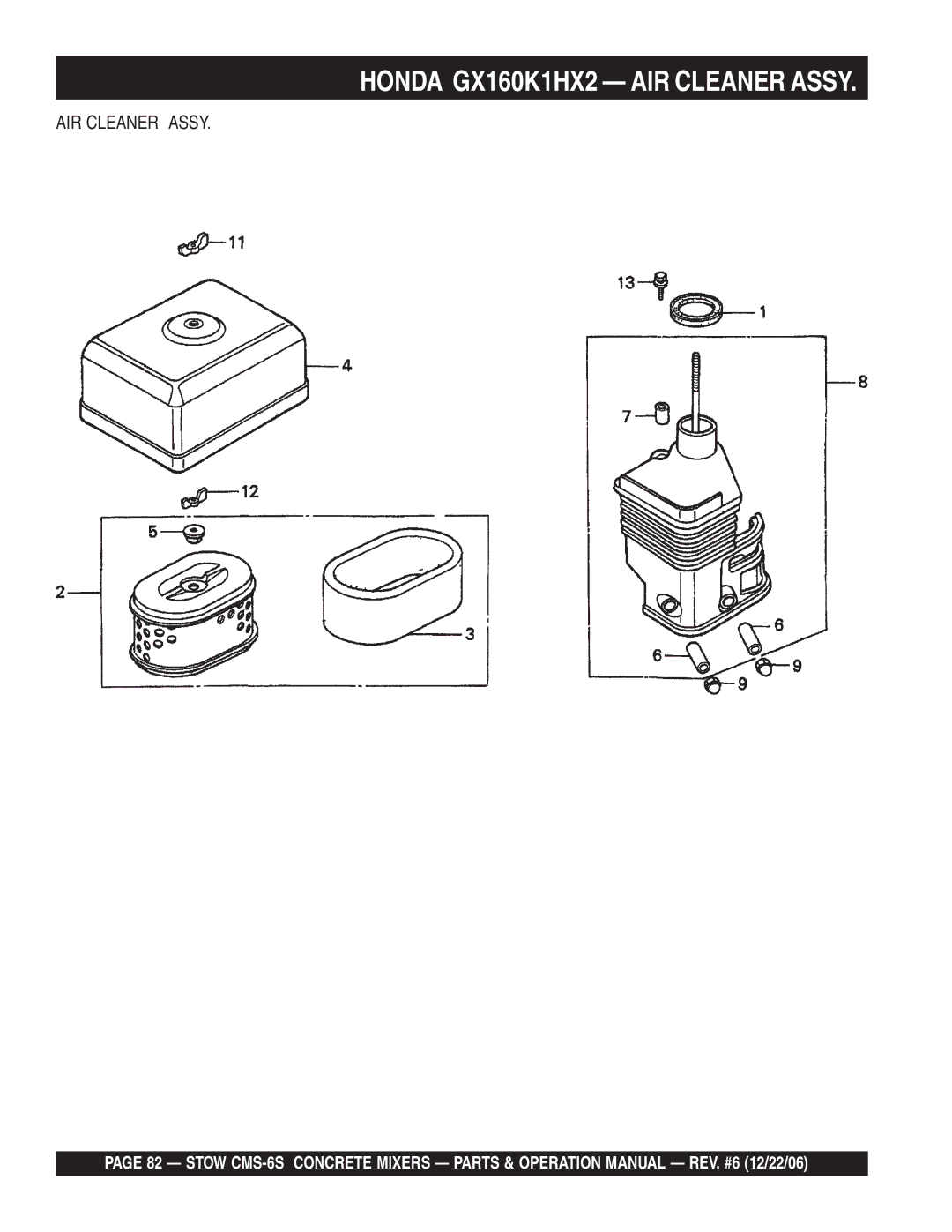 Stow CMS-6S manual Honda GX160K1HX2 AIR Cleaner Assy 