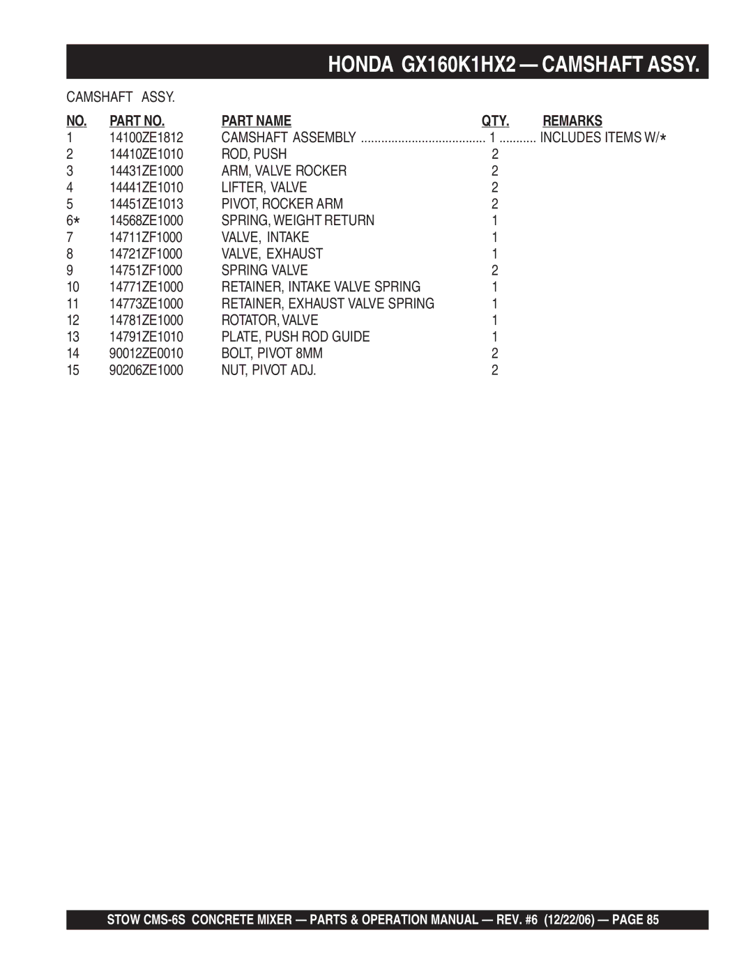 Stow CMS-6S ROD, Push, ARM, Valve Rocker, LIFTER, Valve, PIVOT, Rocker ARM, VALVE, Intake, VALVE, Exhaust, Spring Valve 