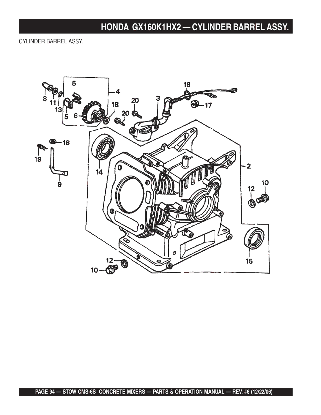 Stow CMS-6S manual Honda GX160K1HX2 Cylinder Barrel Assy 