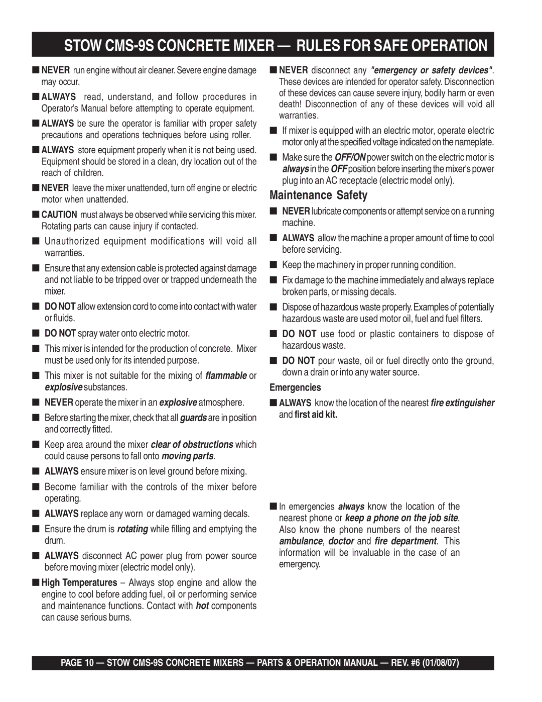 Stow cms-9 manual Maintenance Safety, Emergencies 