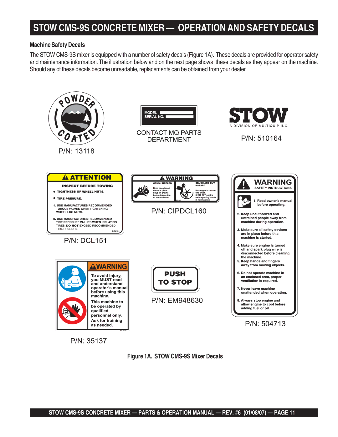 Stow cms-9 manual Stow CMS-9S Concrete Mixer Operation and Safety Decals, Machine Safety Decals 