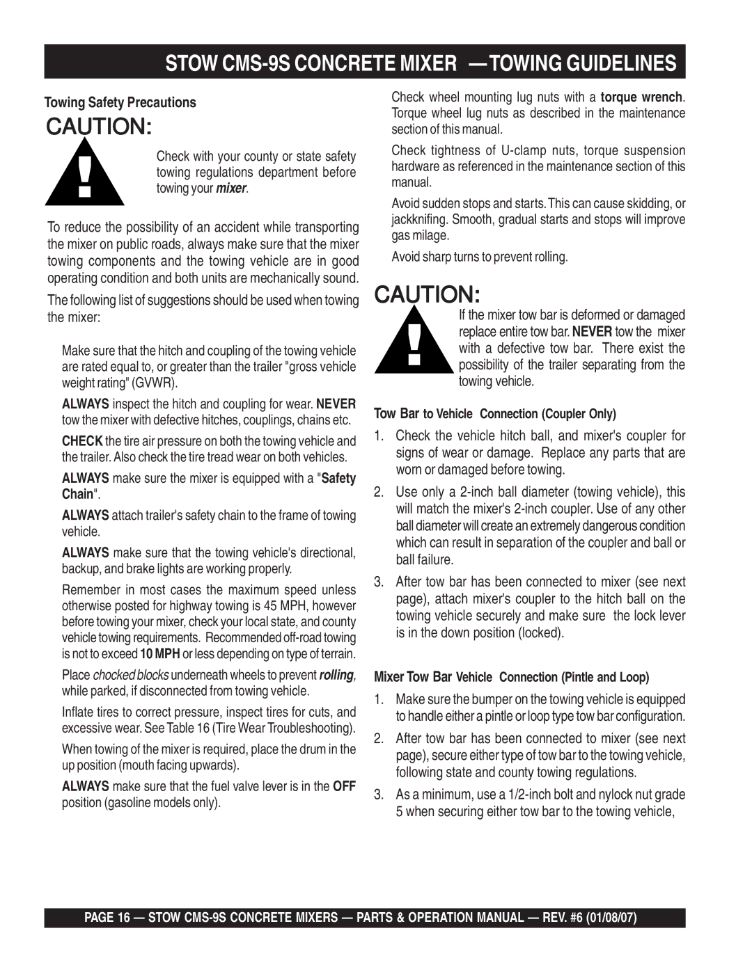 Stow cms-9 manual Tow Bar to Vehicle Connection Coupler Only, Mixer Tow Bar Vehicle Connection Pintle and Loop 