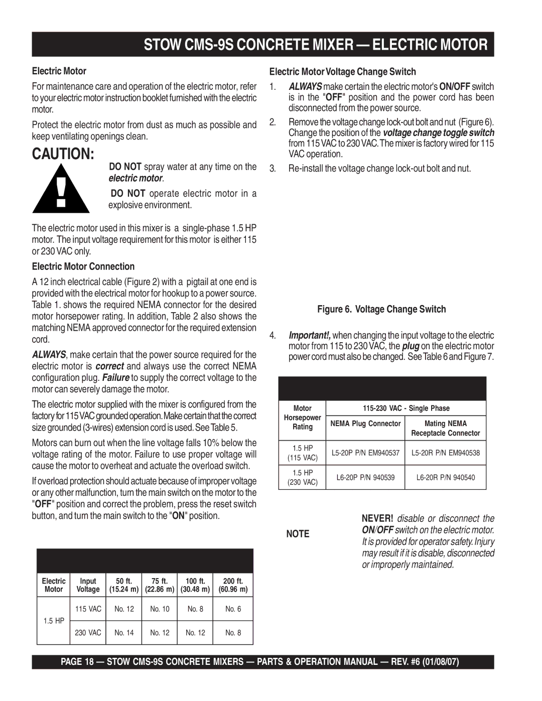 Stow cms-9 manual Electric Motor Connection, Electric Motor Voltage Change Switch 