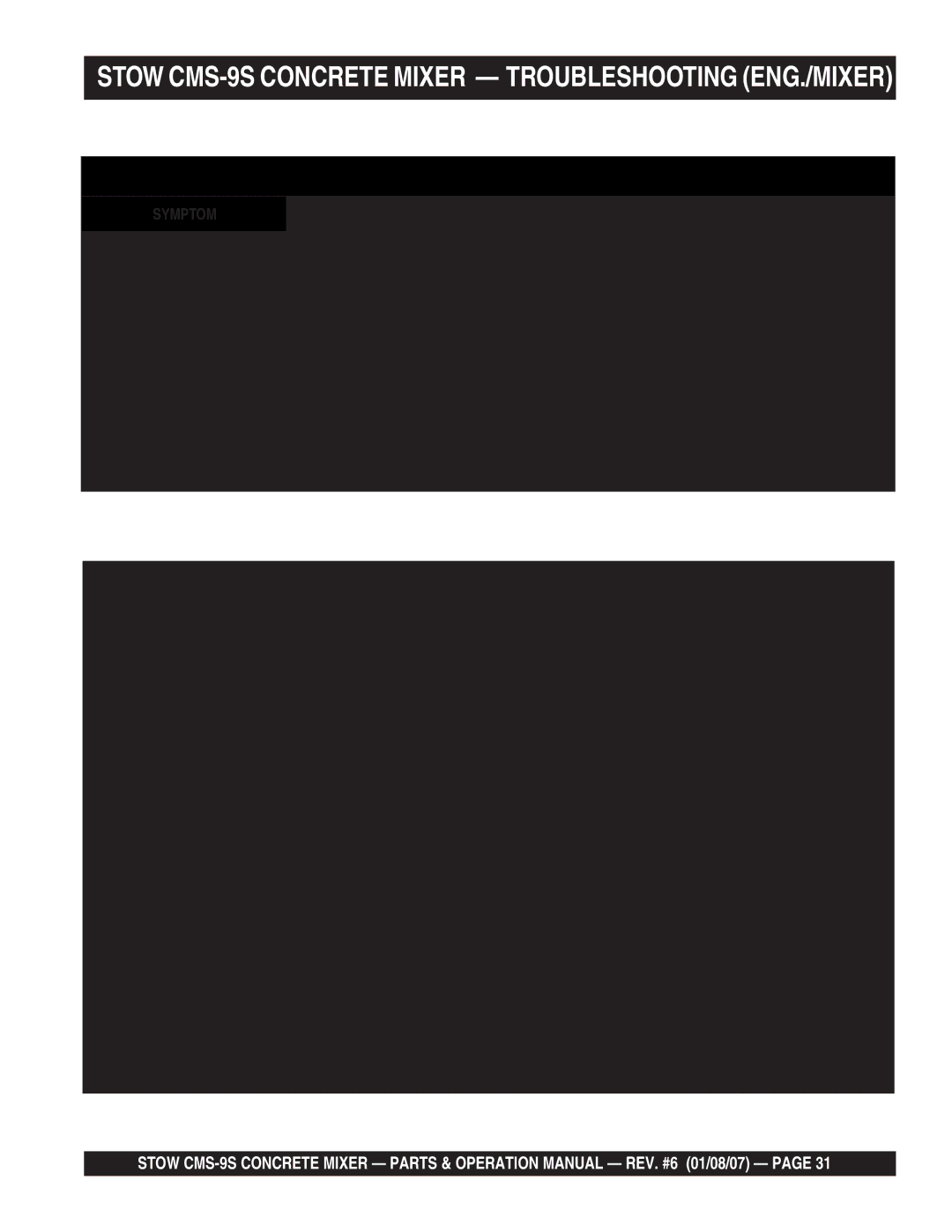 Stow cms-9 manual Stow CMS-9S Concrete Mixer Troubleshooting ENG./MIXER, Engine Troubleshooting 