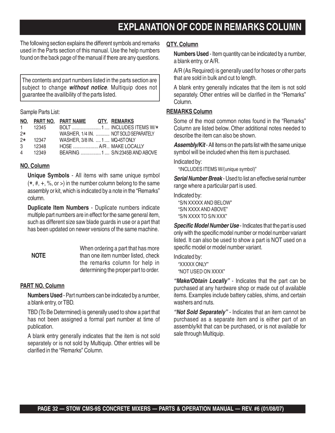 Stow cms-9 manual Part NO. Column, QTY. Column, Remarks Column 