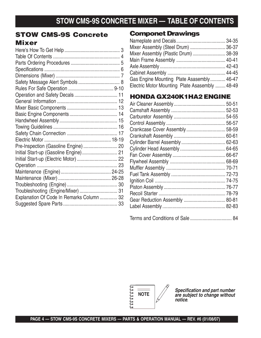 Stow cms-9 manual Stow CMS-9S Concrete Mixer Table of Contents 