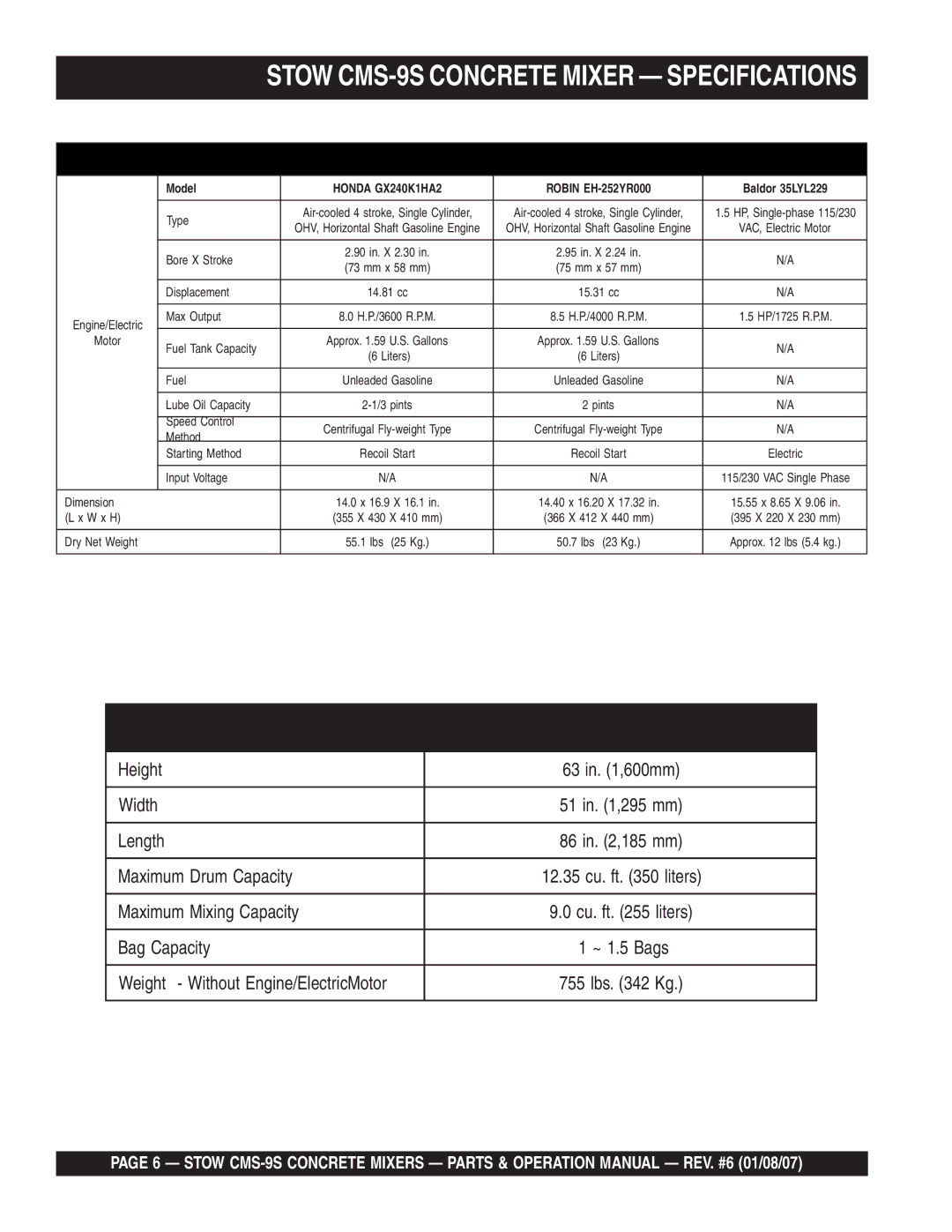 Stow cms-9 manual CMS-9S Specifications 