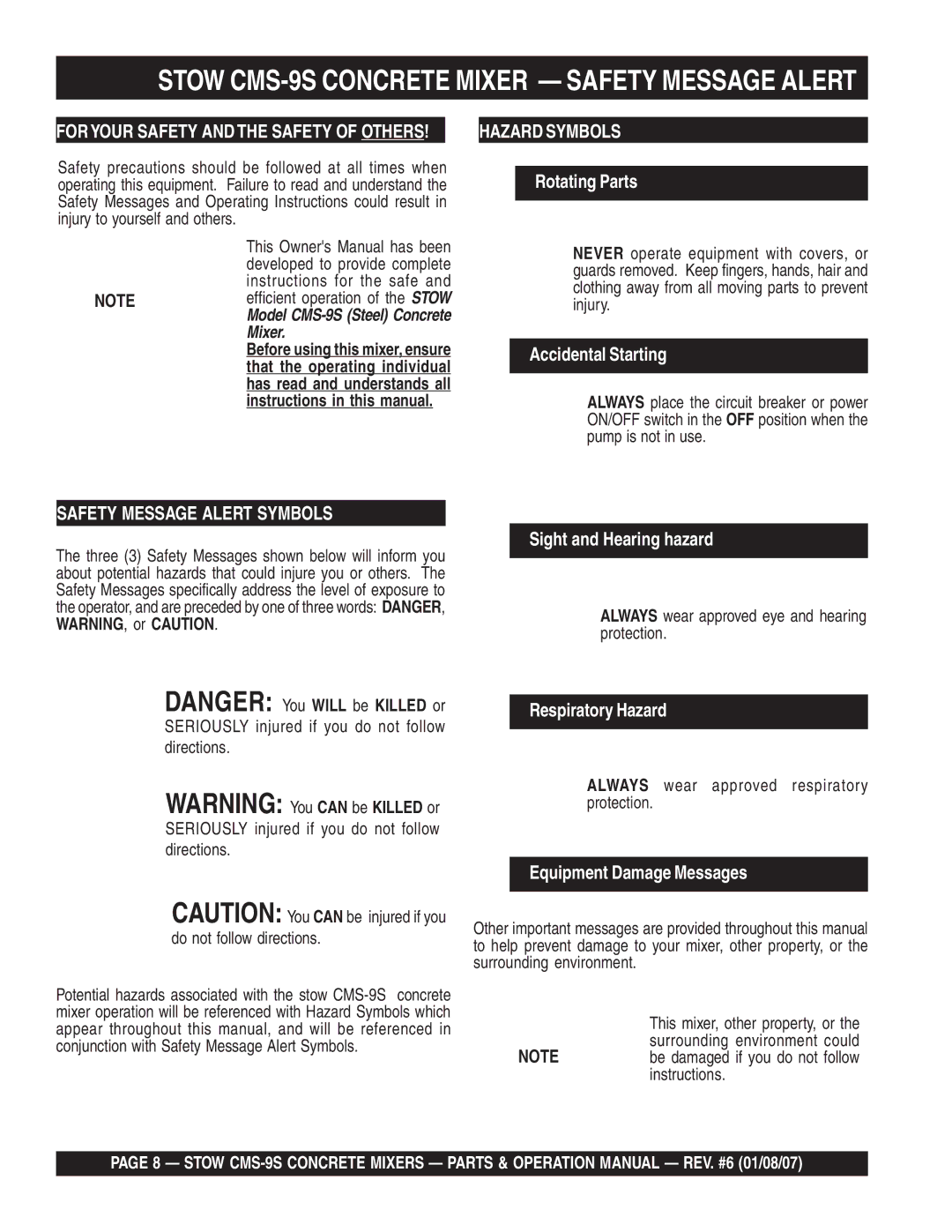 Stow cms-9 manual Stow CMS-9S Concrete Mixer Safety Message Alert 