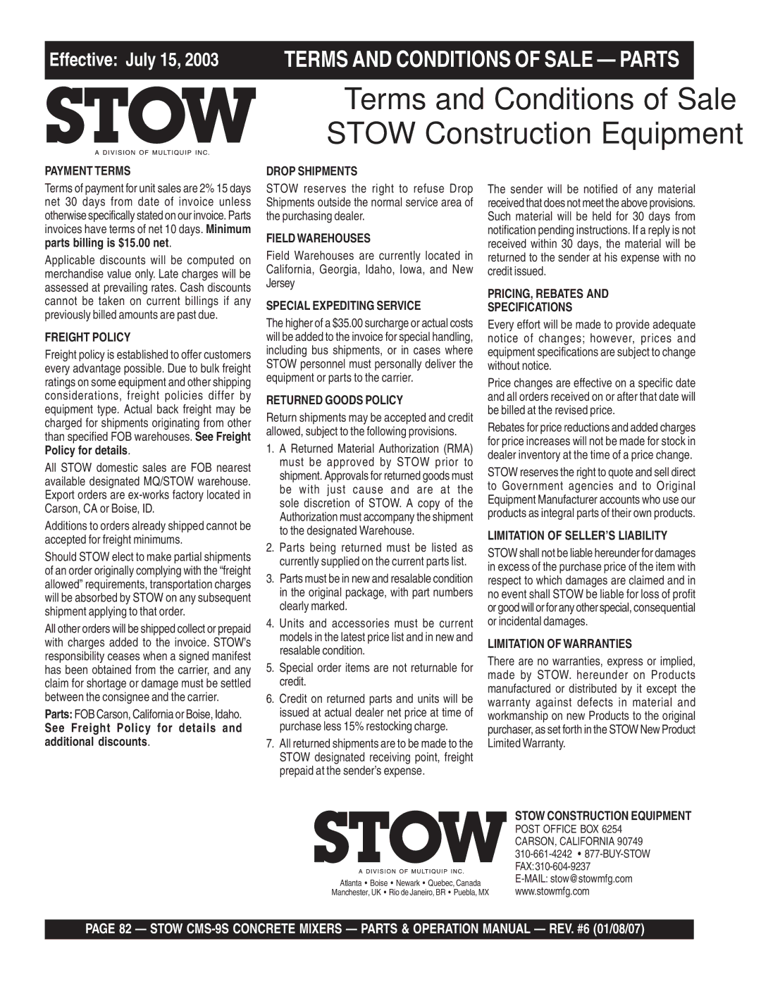 Stow cms-9 manual Terms and Conditions of Sale 