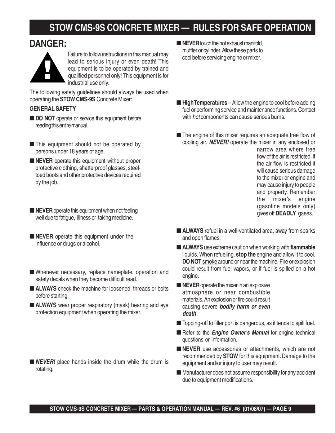 Stow cms-9 manual Stow CMS-9S Concrete Mixer Rules for Safe Operation, General Safety 