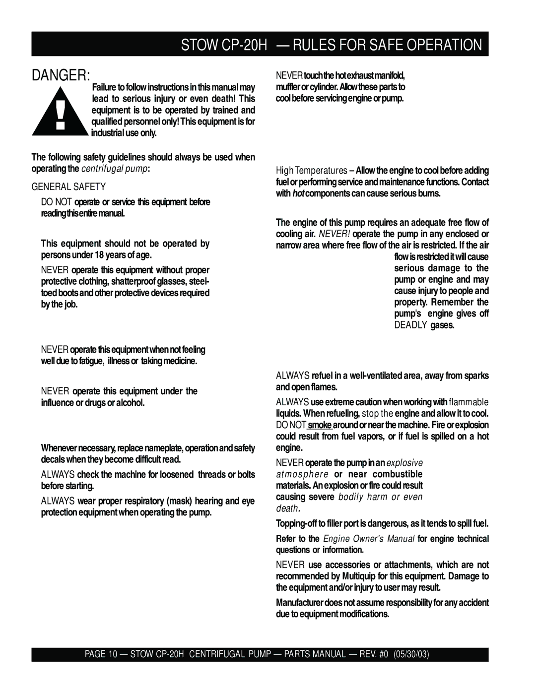 Stow manual Stow CP-20H Rules for Safe Operation 