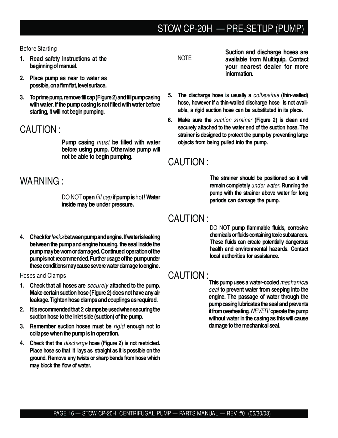 Stow Stow CP-20H PRE-SETUP Pump, Read safety instructions at the beginning of manual 