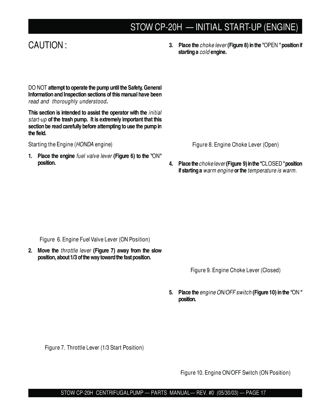 Stow manual Stow CP-20H Initial START-UP Engine, Starting the Engine Honda engine 