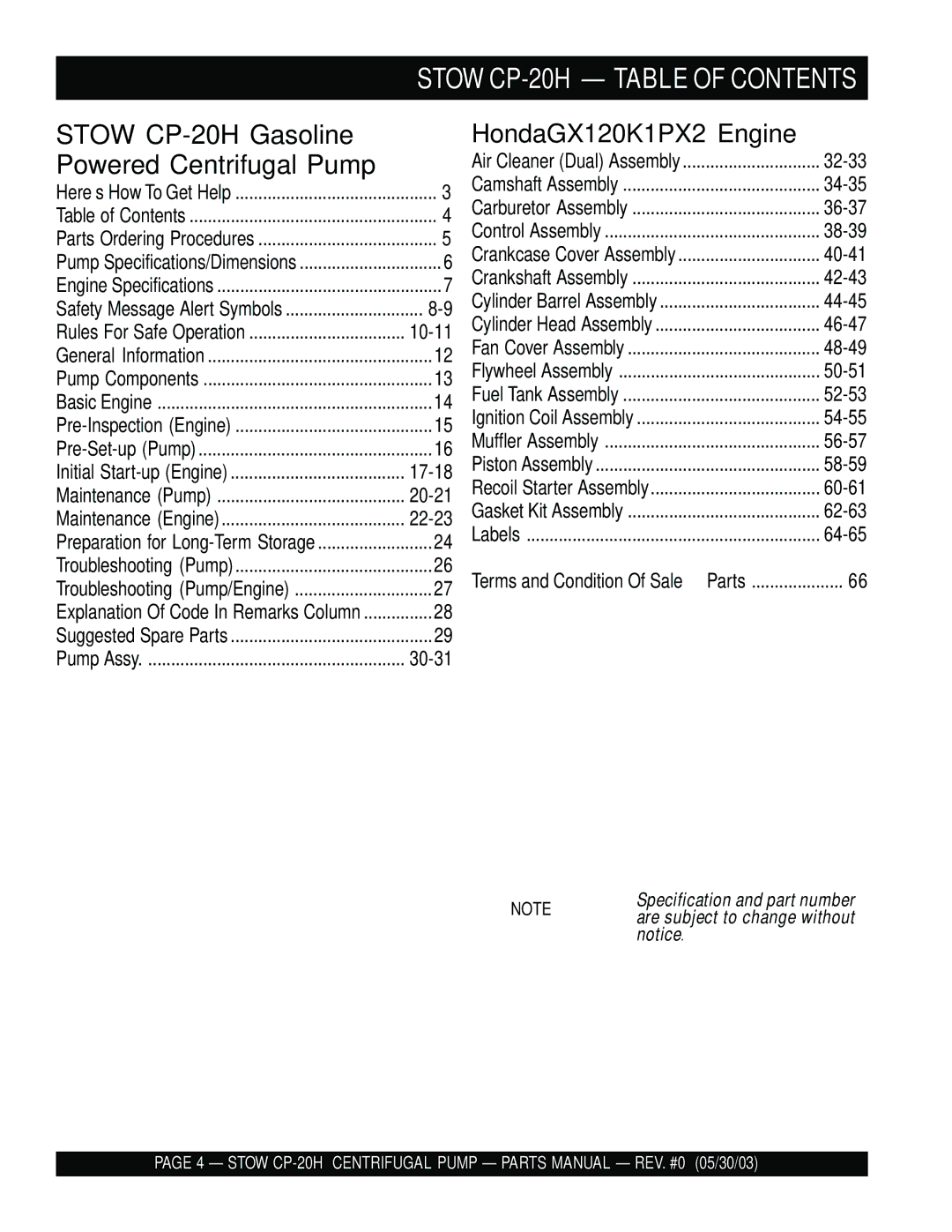 Stow manual Stow CP-20H Table of Contents 