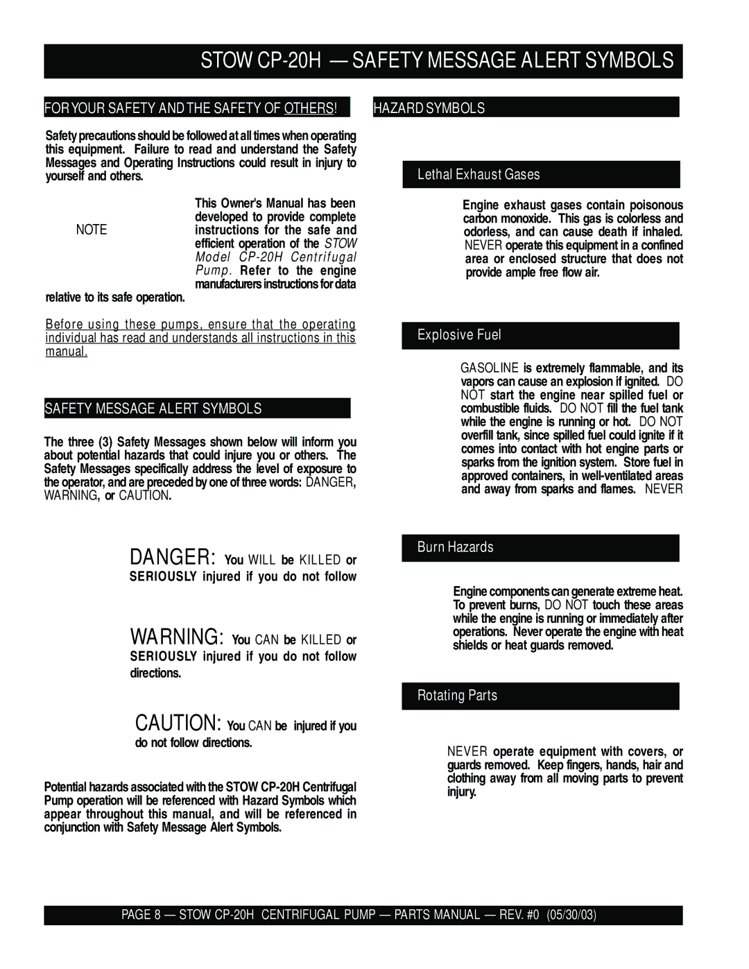 Stow manual Stow CP-20H Safety Message Alert Symbols, Hazard Symbols 