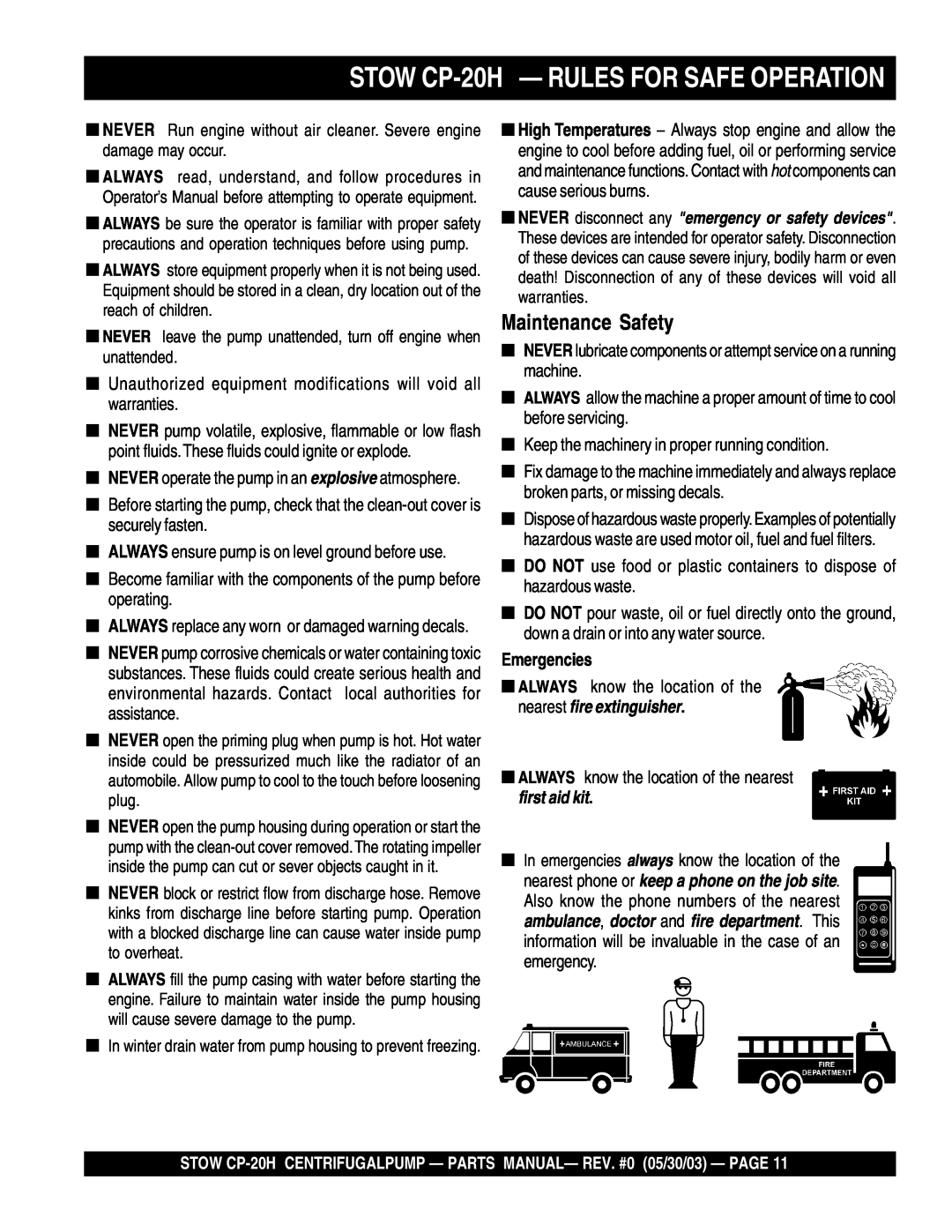 Stow manual STOW CP-20H- RULES FOR SAFE OPERATION, Maintenance Safety, Emergencies 