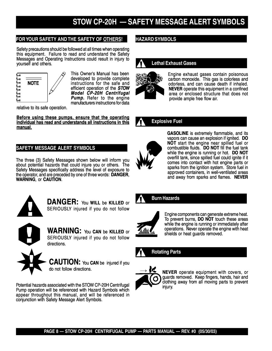 Stow STOW CP-20H- SAFETY MESSAGE ALERT SYMBOLS, Hazard Symbols, Safety Message Alert Symbols, Lethal Exhaust Gases 