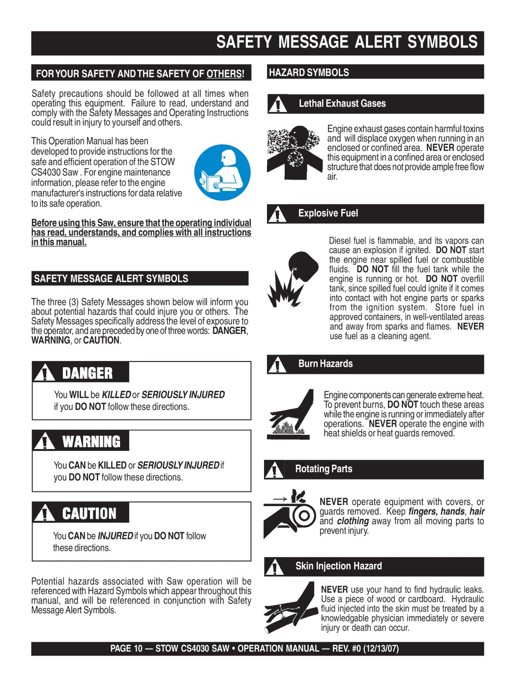 Stow cs403020, cs403026, cs 403016, cs403030 operation manual Safety Message Alert Symbols 