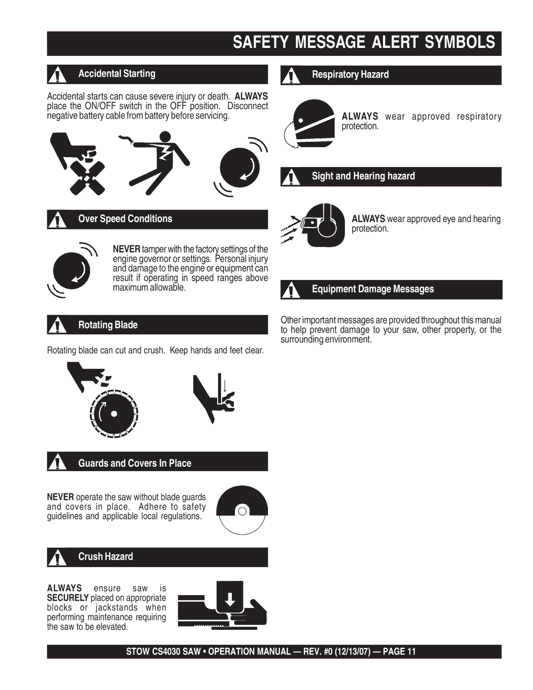 Stow cs403030, cs403026, cs 403016, cs403020 Safety Message Alert Symbols, Always wear approved respiratory protection 