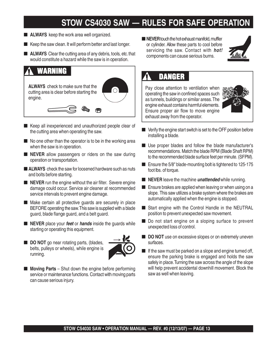 Stow cs 403016, cs403026, cs403020 Stow CS4030 SAW Rules for Safe Operation, Always keep the work area well organized 