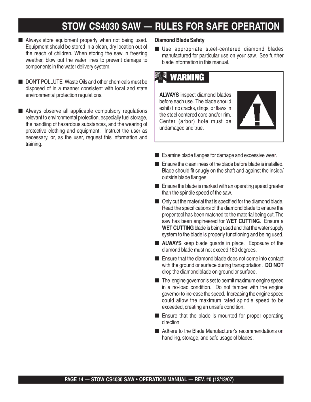 Stow cs403020, cs403026, cs 403016, cs403030 operation manual Diamond Blade Safety 