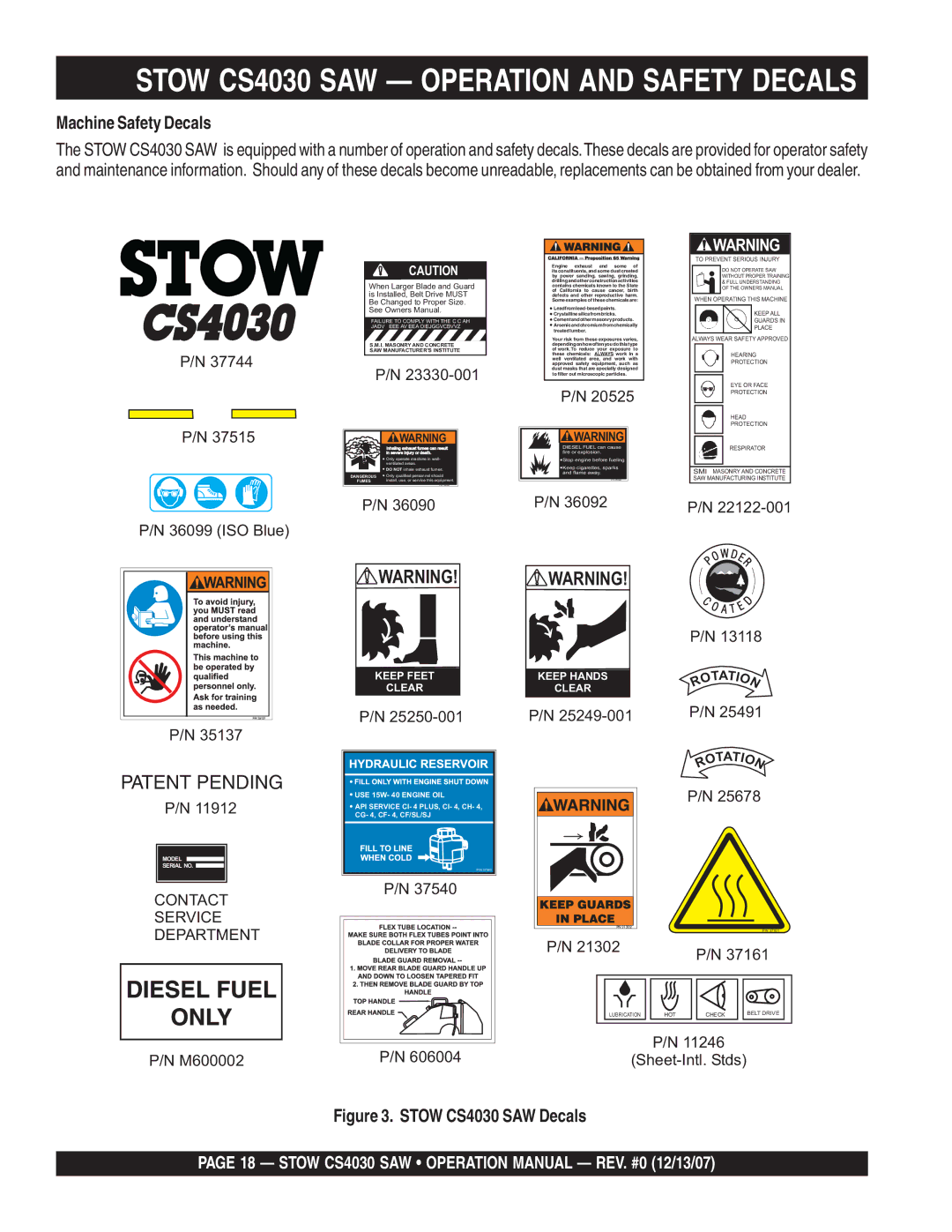 Stow cs403020, cs403026, cs 403016, cs403030 Stow CS4030 SAW Operation and Safety Decals, Machine Safety Decals 