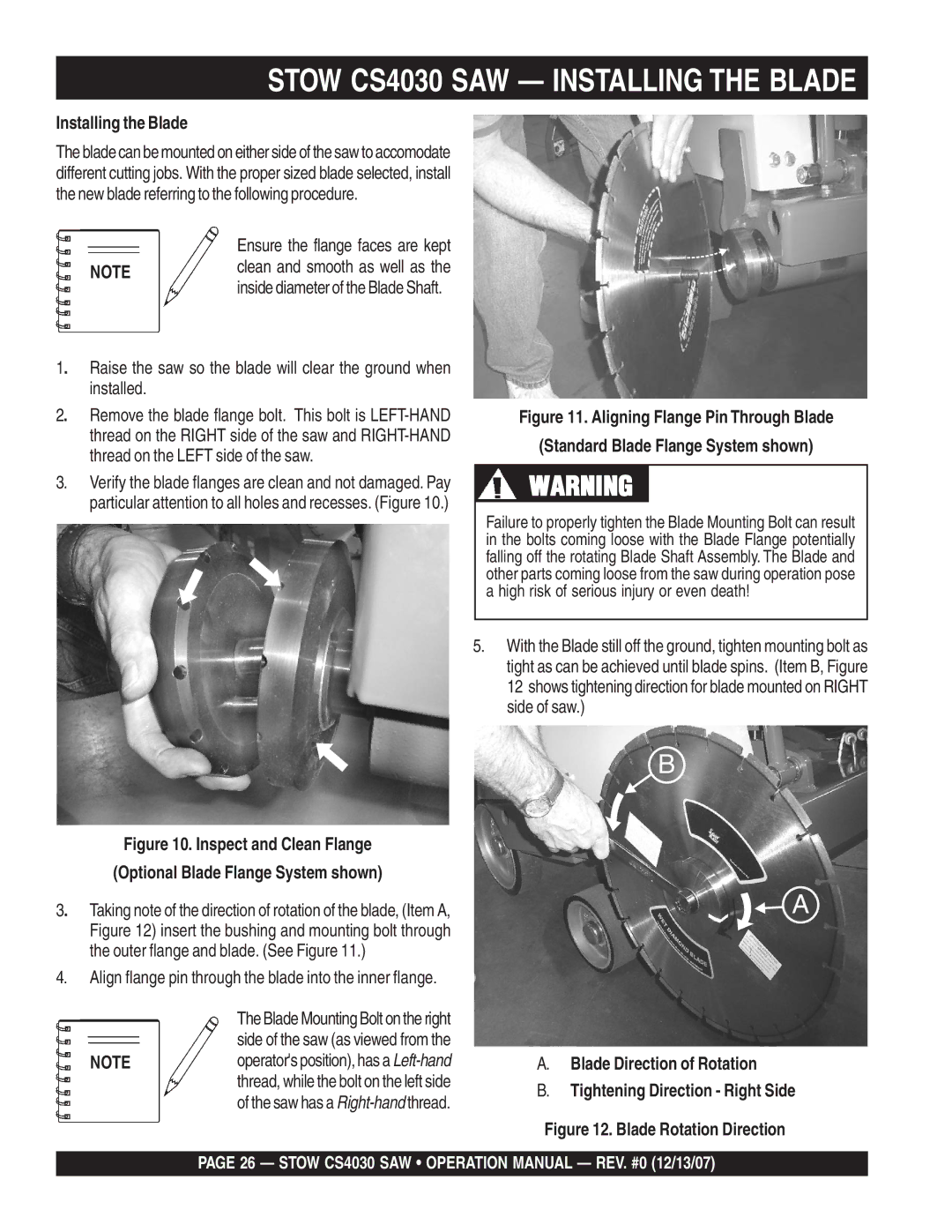 Stow cs403020, cs403026 Stow CS4030 SAW Installing the Blade, Align flange pin through the blade into the inner flange 