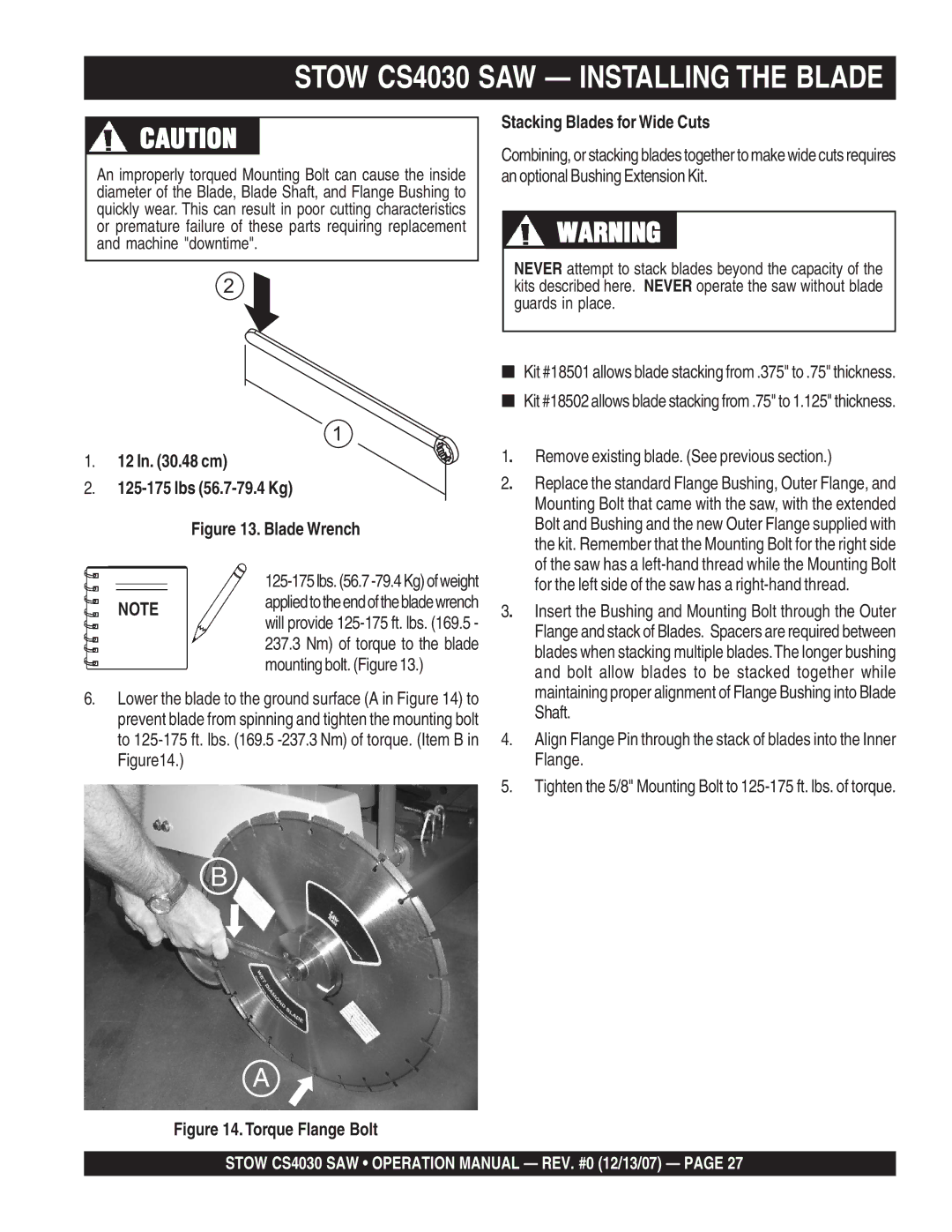 Stow cs403030 Stow CS4030 SAW Installing the Blade, 12 In .48 cm Lbs 56.7-79.4 Kg, 125-175lbs.56.7-79.4Kgofweight 