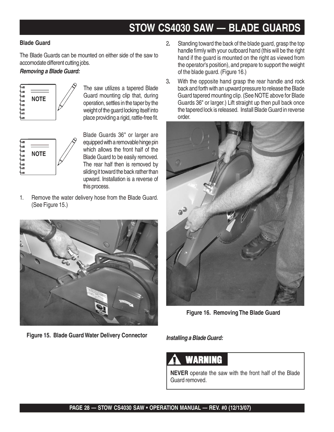 Stow cs403026, cs 403016, cs403020, cs403030 operation manual Removing The Blade Guard 