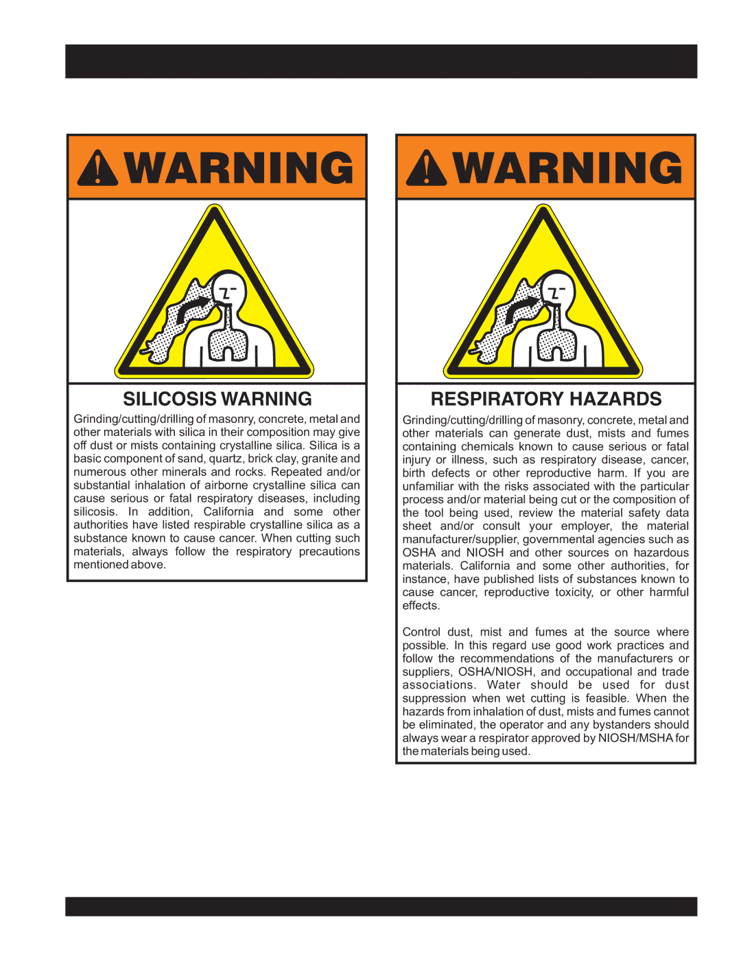 Stow cs403030, cs403026, cs 403016, cs403020 operation manual Silicosis Warning 